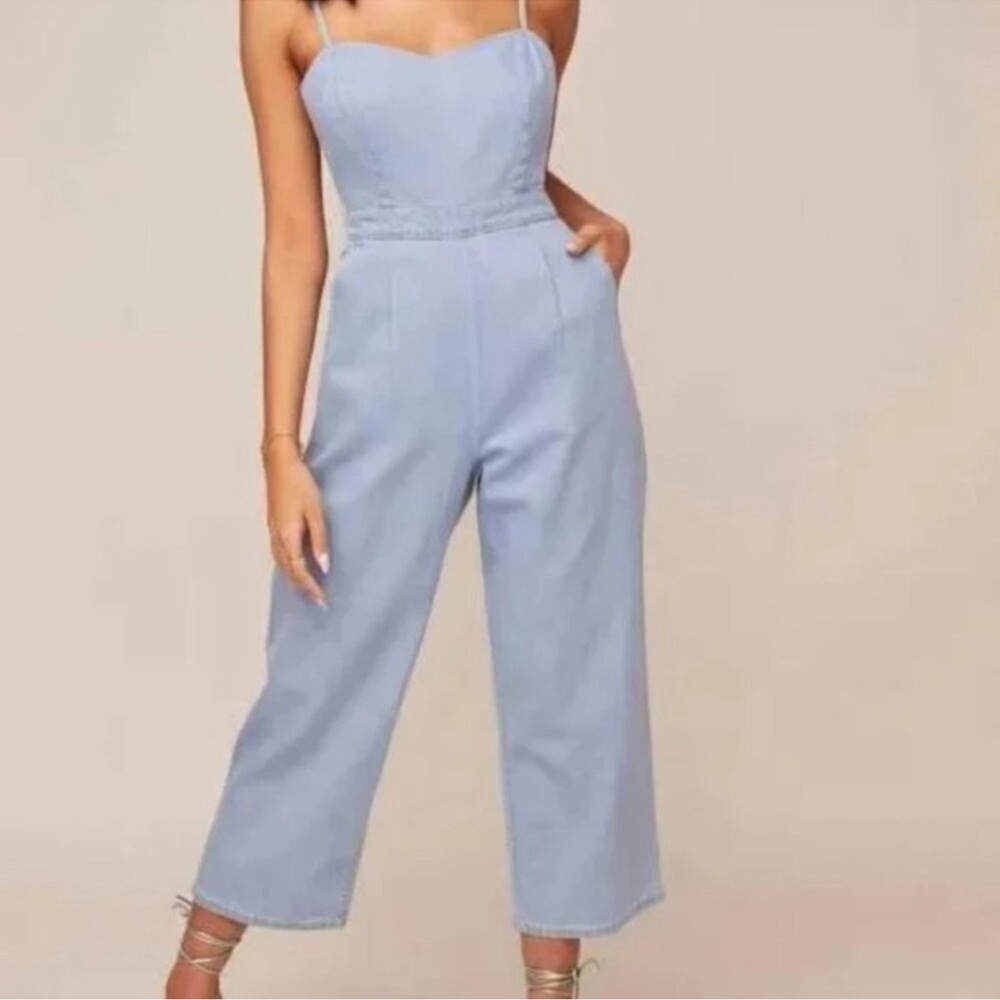 Astr Blue Jumpsuit with Sweetheart Neckline and Cropped Wide-Leg Pants
